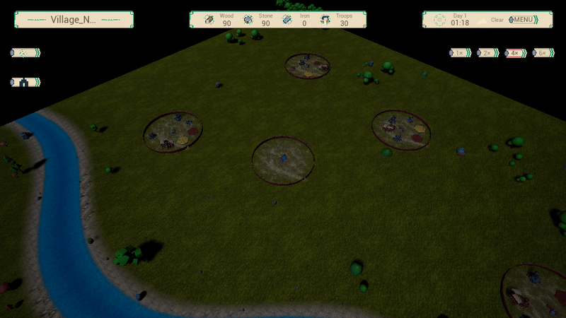 Animated gameplay view of Conquest Bravado showing an isometric medieval village and its surrounding world.
